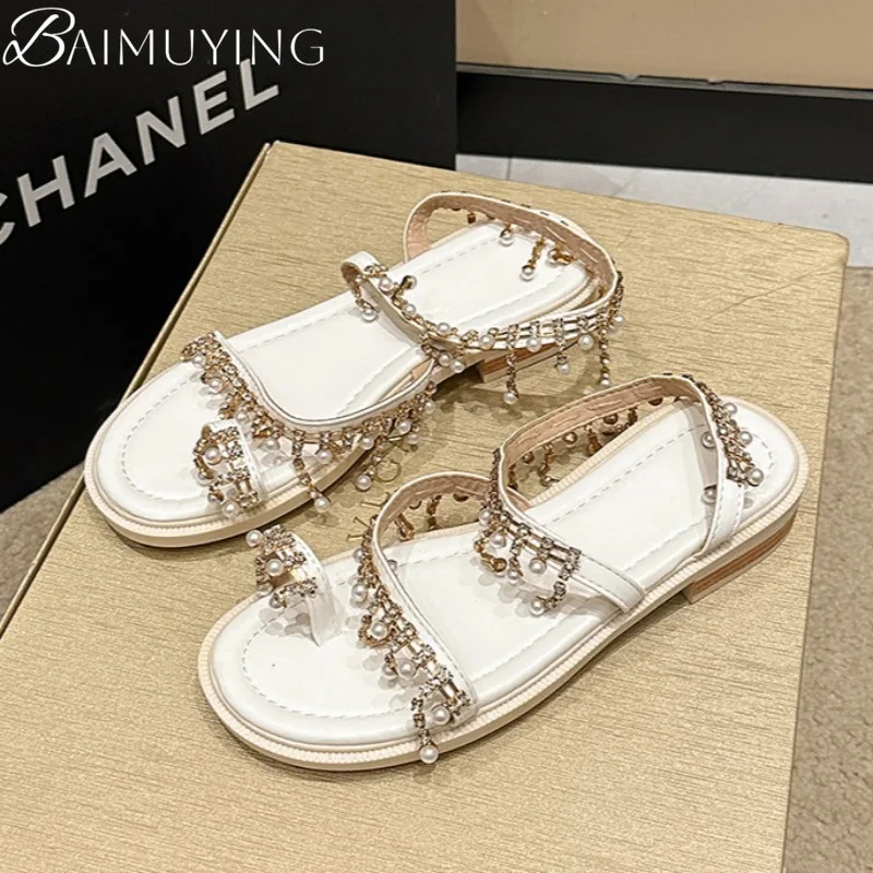 Crystal Clip Toe Flats Bead Sandals Women Slippers Shoes Summer Flip Flops Designer Casual Beach Slingback Dress Bohemia