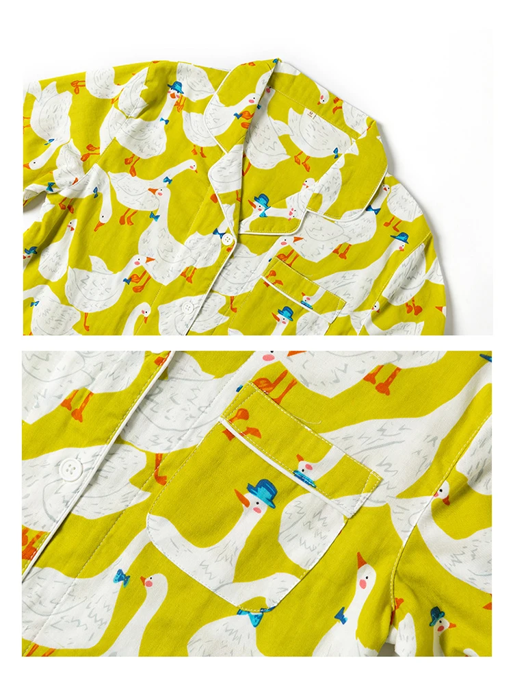 Spring Cotton Women's Pajama Set Cartoon Goose Print Two Piece Long Sleeve Tops Elastic Waist Pants Loose Lounge 1906