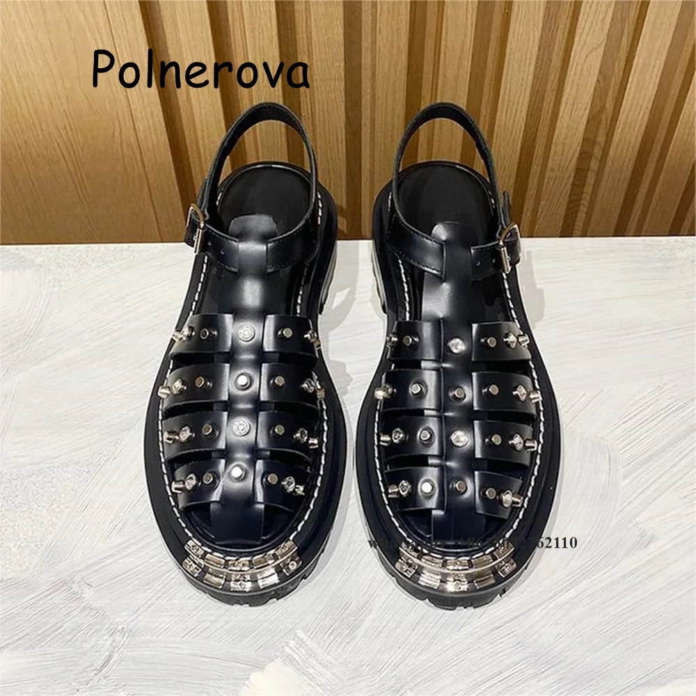 

T-Tied Sandals Front Rear Strap Metal Decoration Women's Shoes Height Increasing Round Toe Summer Casual Rivet Fashion Punk Shoe