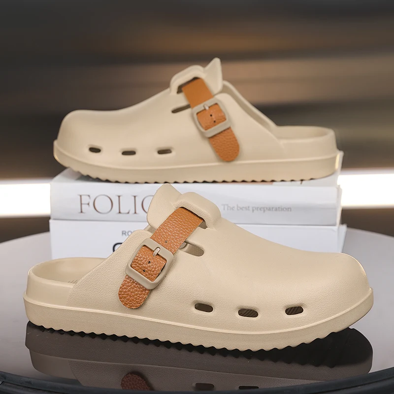 Summer Shoes for Men Lightweight EVA Sandals Solid Color Fashion Slippers for Men Anti-skid Soft Garden Clogs with Buckle Strap
