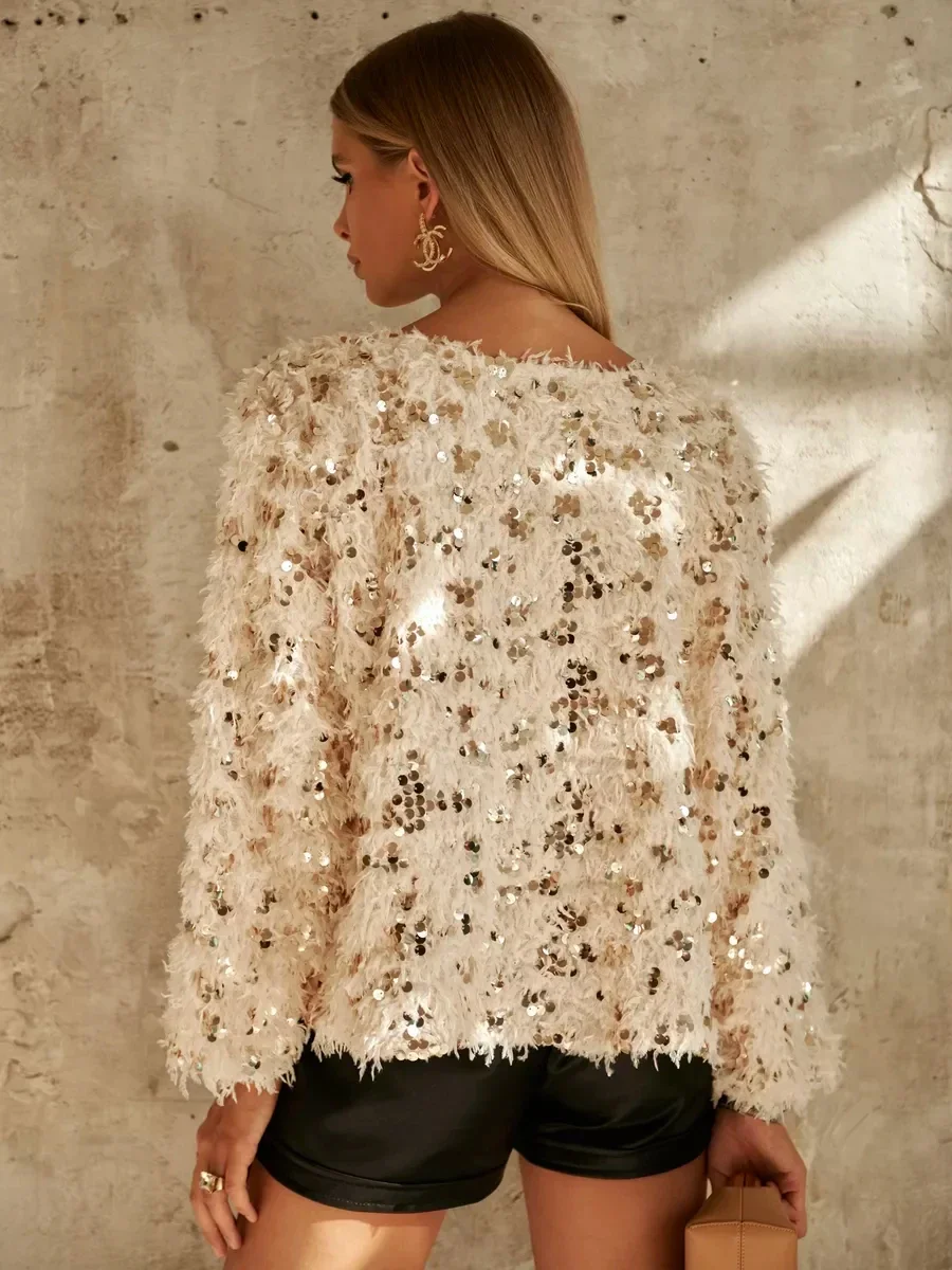 Glittery Sequin Blouse Fluffy Feather Long Sleeve Sequin Plush Jacket Women Shinny Top Christmas Gift New Year Party Luxury Wear 3