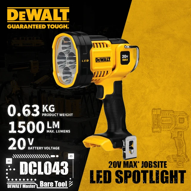 DEWALT 20V MAX LED Work Light, Handheld Spotlight with 508 Yard Distance,  Pivoting Head, 1500 Lumens, Cordless, Battery Not Included (DCL043)