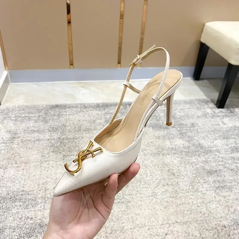 2024 New Summer Metal Buckle Baotou Fashion Sandals Women's Stilettos with Pointed Back  White Elegant for Ladies' Shoes heels