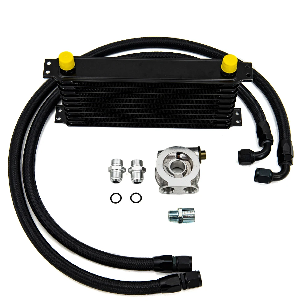 Oil Cooler Kit 10 Rows Transmission Oil Filter Adapter Nylon Stainless Steel Braided Hose Thermostat Adapter