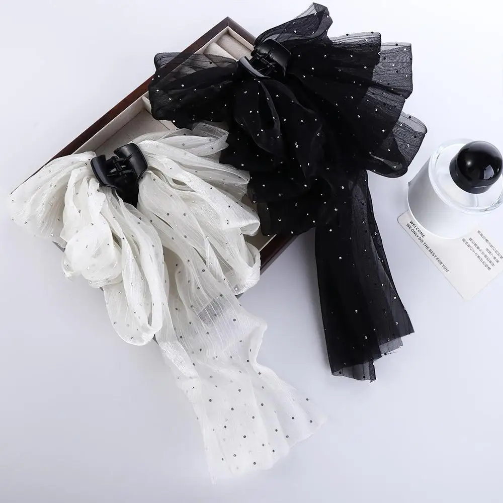 

Elegant Pearl Organza Bow Hair Claw Women Long Ribbons Hair Clip Mesh Bowknot Shark Clip Barrettes Headdress New Headwear