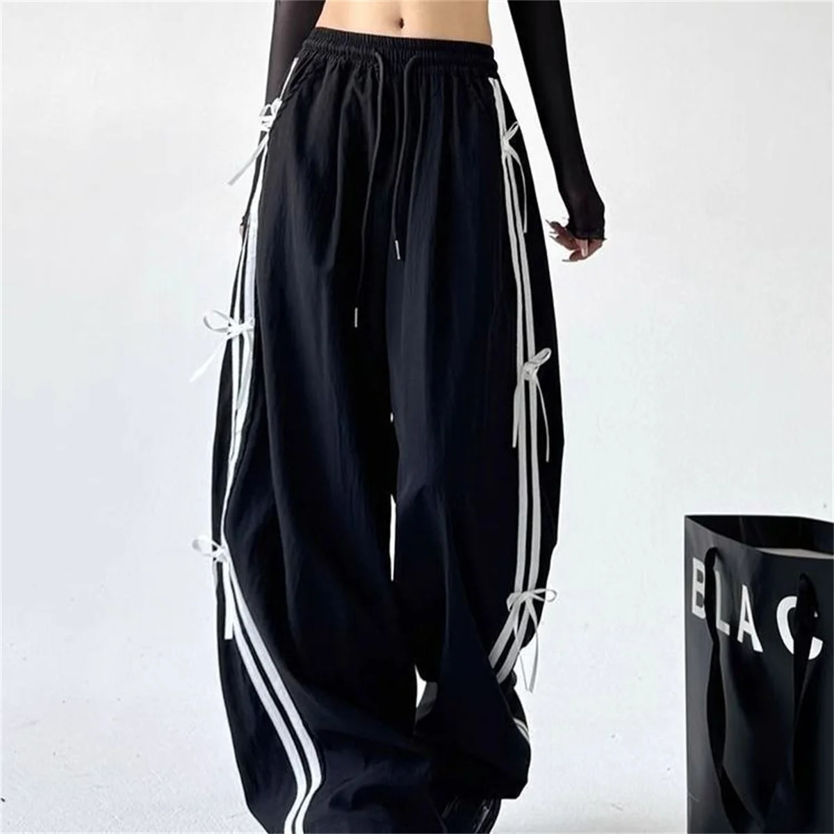 Retro Side Stripe Bowknot Wide Leg Pants Women High Waist Casual Sports Trousers Harajuku Cargo Pants Streetwear Hip Hop Joggers