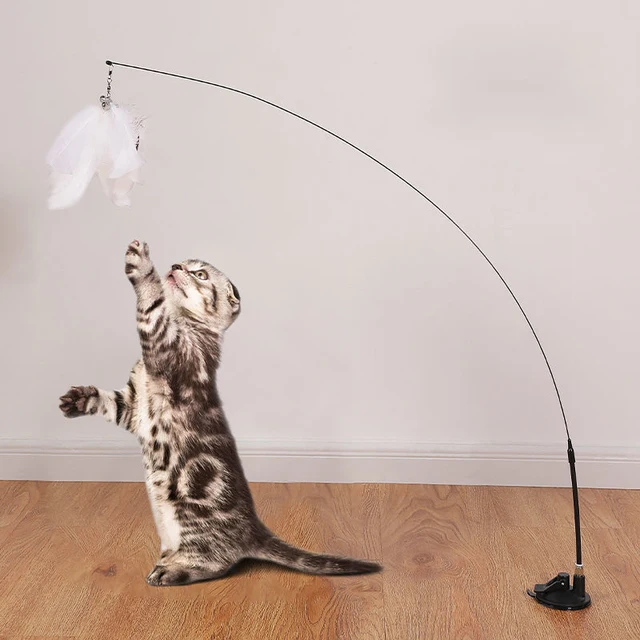 Jouet Interactif Mains Libres pour Chat, Bâton de Jeu pour Chaton, Baguette de Jeu Teaser, Ventouse, Oiseau/Plume, Fournitures pour Animaux de Compagnie 1