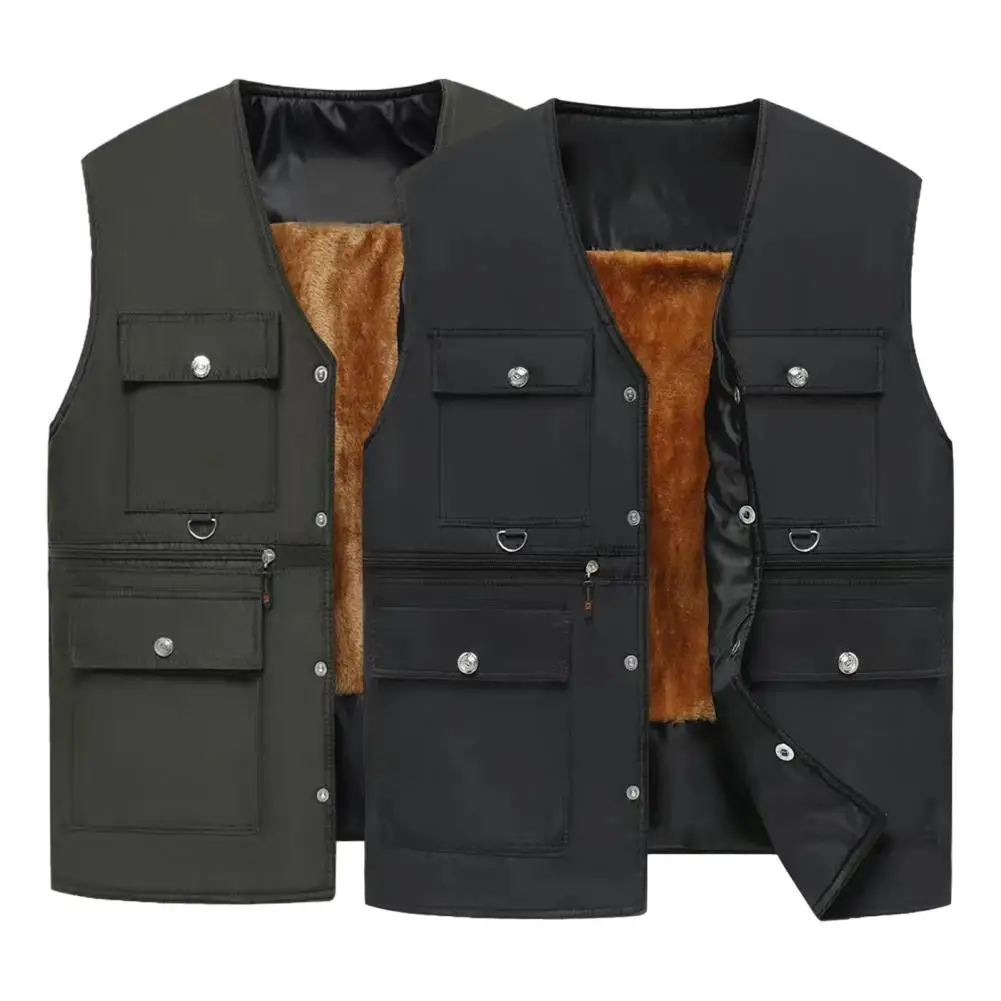 

Men Solid Color Vest Men's Winter Vest with Plush Lining Zipper Closure Multiple Pockets Stylish Mid-aged Father for Fall