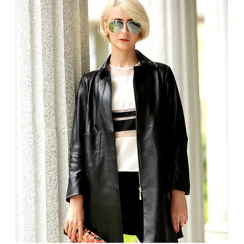 

Женский Длинный тренчкот из натуральной кожи, повседневный тренчкот из 100% овечьей кожи, весна-осень, CNM010