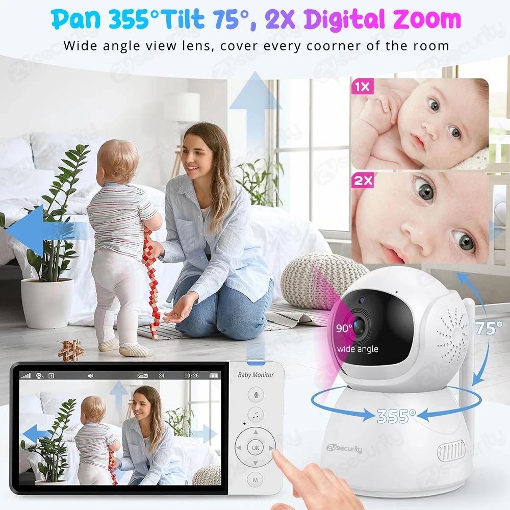 Tela IPS de 5 polegadas Pan-Tilt-Zoom Camera Video Baby Monitor com bateria de 30 horas Conversa em 2 vias Visão noturna Temperatura 8 canções de ninar Armazenamento em cartão SD e alcance de 1000 pés Sem WiFi