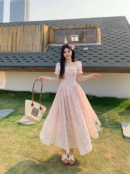 Sweet Elegant Floral Print Bubble Sleeve Short Dress plus Size Women's Summer Casual High Waist A-Line Fairy Skirt Dress