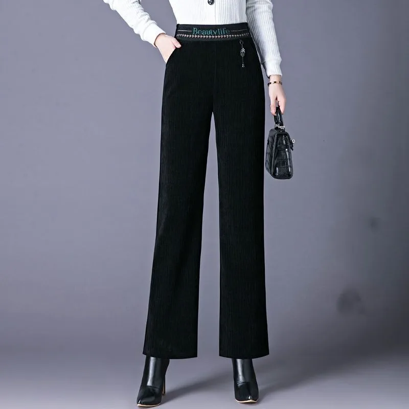 Women's Solid Color Elastic Waist Letter Pocket Striped Wide Leg Autumn and Winter Fashion Loose Thickened Office Lady Pants