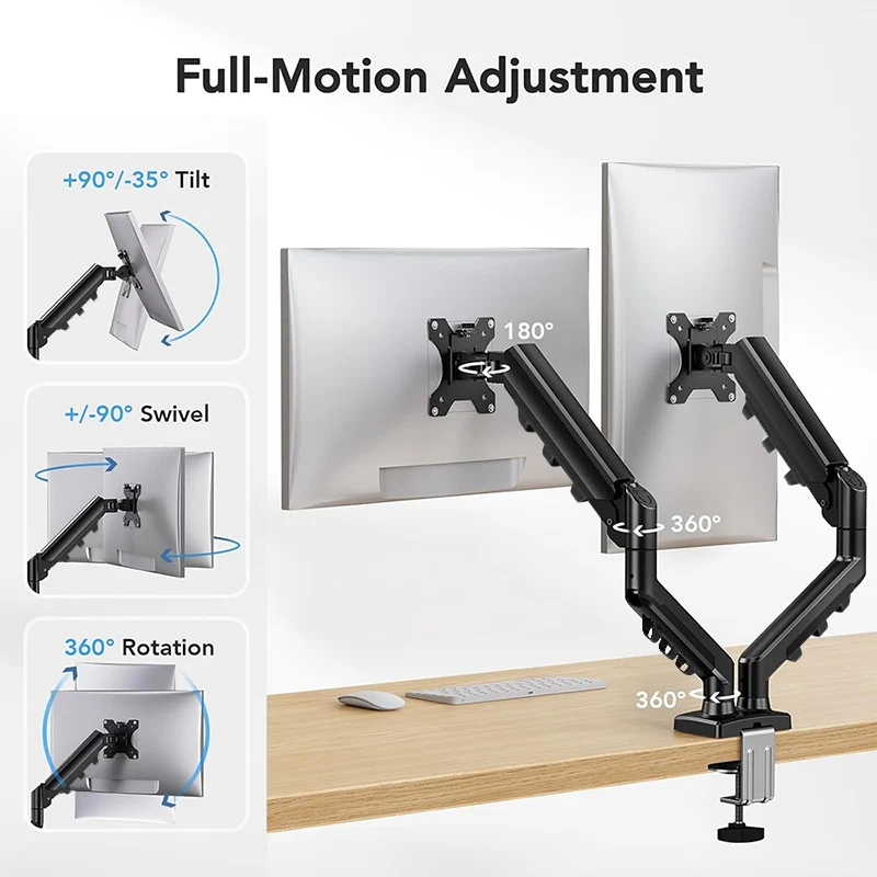 Monitor Desk Mount, Fully Adjustable Dual Monitor Arm for 2 Computer Screens up to 27 inch, Clamp Base Stand for Desk