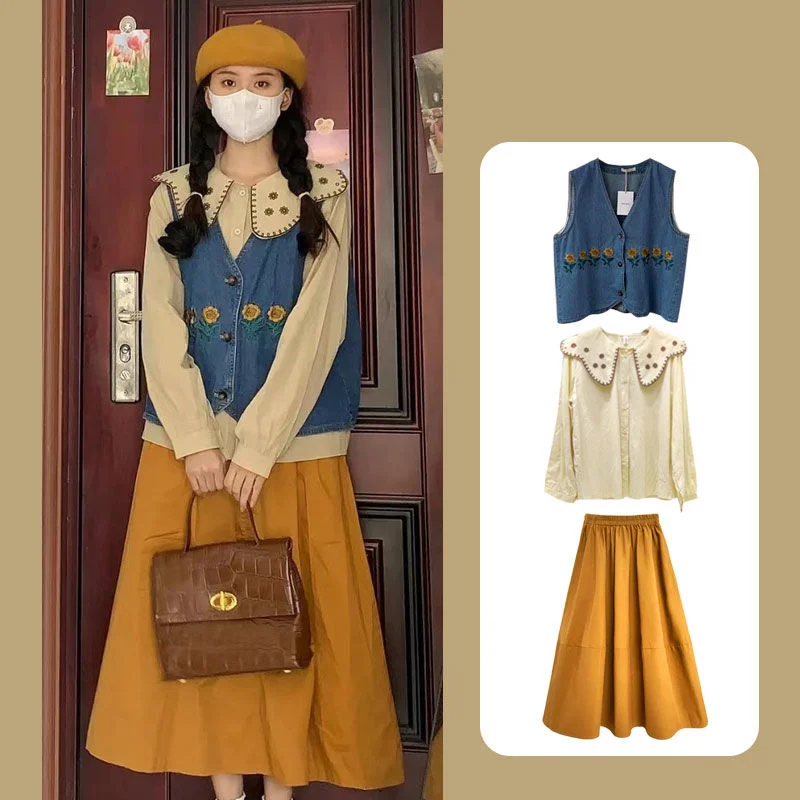 

Spring Autumn Single/Outfits Women's 2023 New Vintage Art Embroidery Shirt Embroidered Denim Vest Half Skirt Two Piece Set
