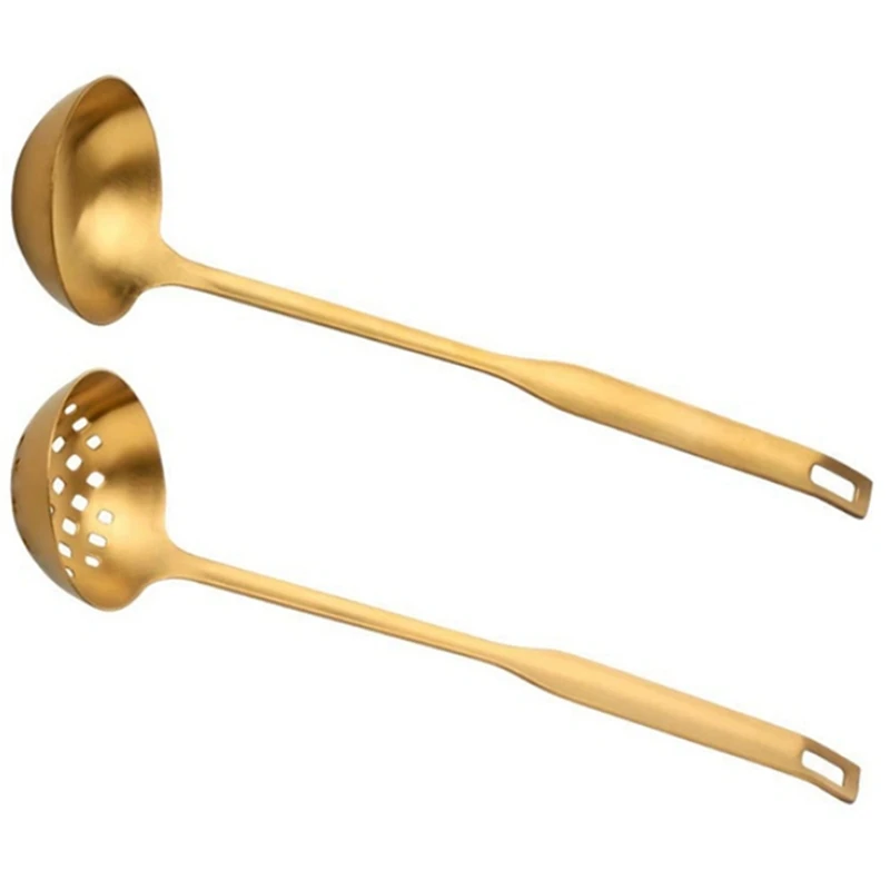 Gold Soup Ladle Colander Set, Long Handle Stainless Steel Kitchenware Cookware Serving Spoon, For Cooking Utensil(2 PCS)