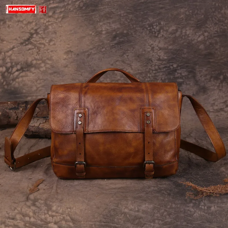 

Vintage Distressed Leather Men Shoulder Bag Portable Messenger Bag Street Leather Bags Hand-colored Motorcycle Tide Male Soft