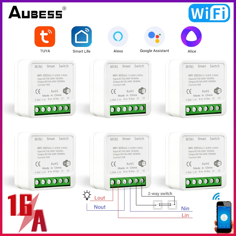 Мини-переключатель Tuya, 16 А, двухсторонний, с поддержкой Wi-Fi 