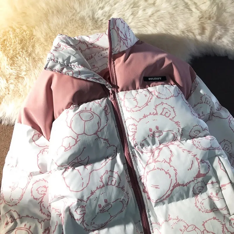 Winter Bear Cotton Parkas Coats Female Preppy Zipper Jacket Harajuku Thicken Oversize Outerwear Short Parka Padded Coat Fashon