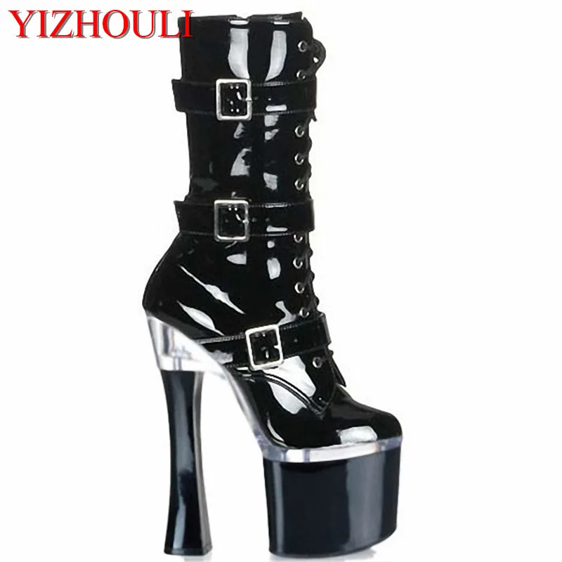 

New fashion cool women's ankle boots,sexy 18cm ultra high heels, platform pumps womens shoes, black leather buckle dance shoes