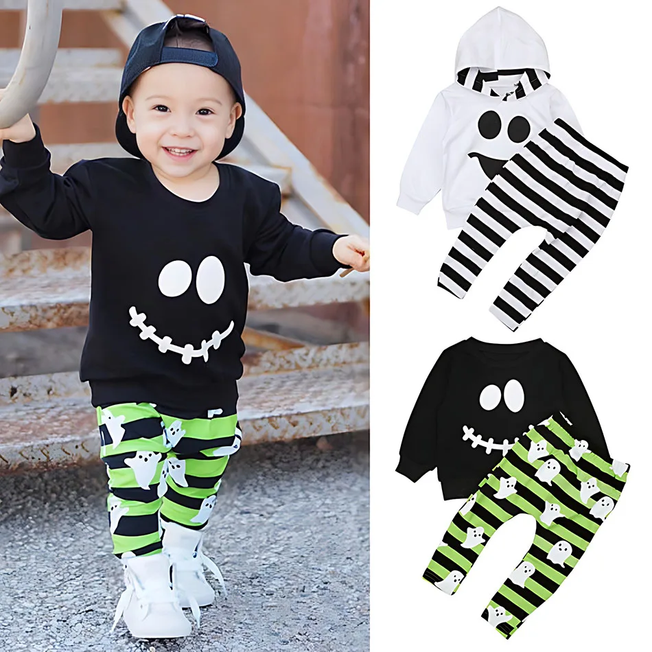 

Children's Spring and Autumn Season Boys' Long Sleeved Halloween Smiling Face Two Piece Striped Children's Wear Children's Sets