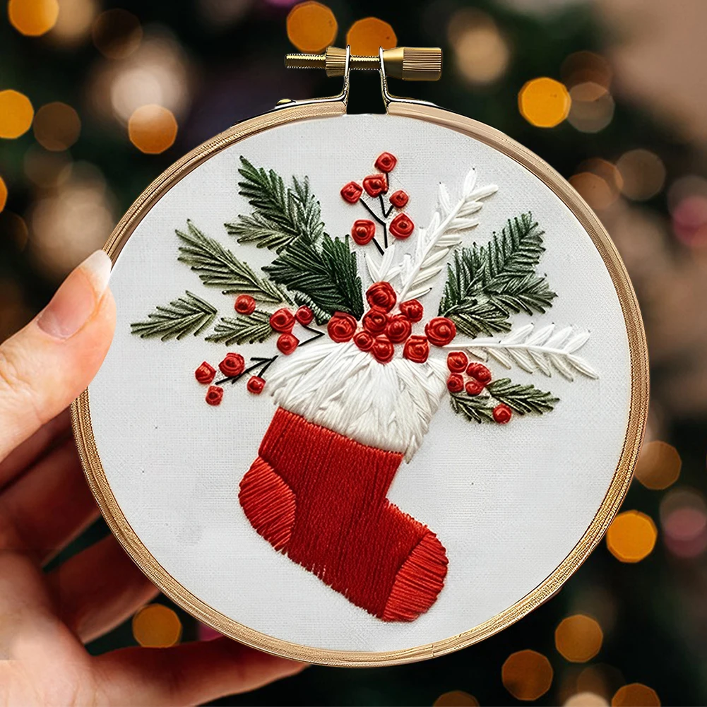 Embroidery Kit Christmas DIY Wreath Printed Pattern Cross Stitch Set Needlework Hoop Handmade Sewing Art Craft Xmas Tree Gift