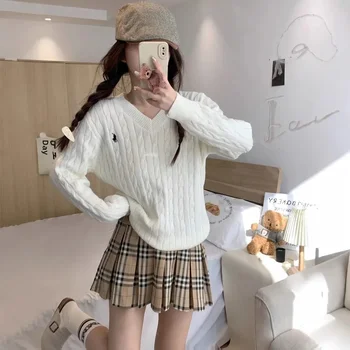 Women's Loose Long Sleeve Knitted Sweater Autumn Winter Inner Wear V-Neck Embroidered Pattern Tassel Twist Korean Style Top 1