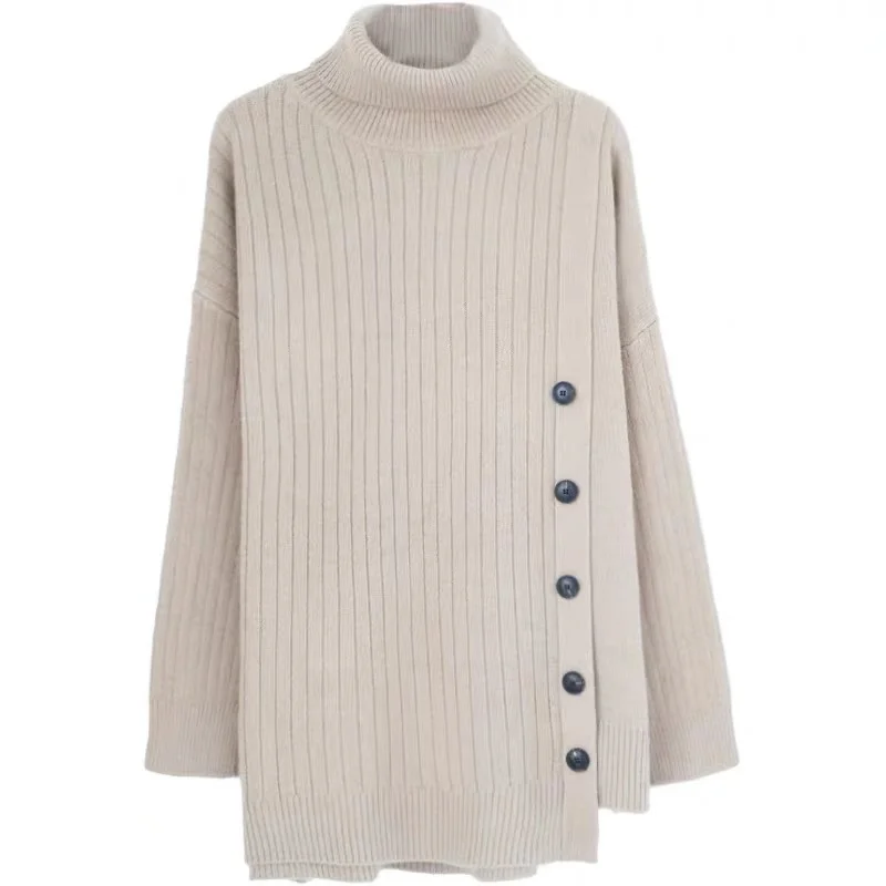 Sweaters New High Neck Solid Fashion Korean Female Winter Sweater Shirt,Loose Mid Long Irregular High Class Knitted Sweater cardigan sweater Sweaters