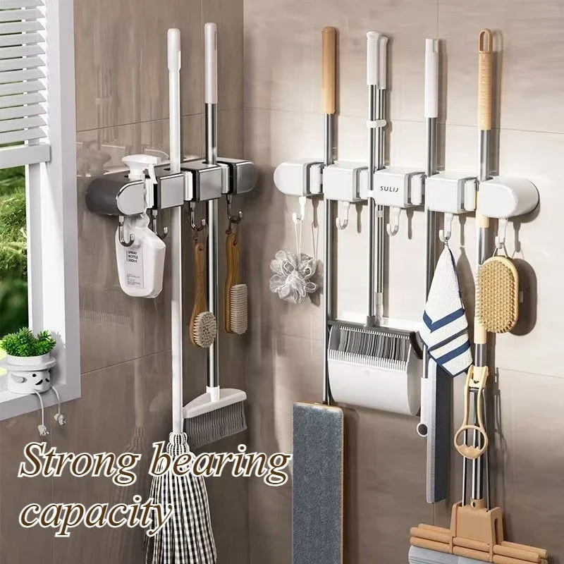 Mop Clamp Storage Rack Wall-mounted Perforation-free with 5pcs Hook Fixed Rack Bathroom Kitchen Door Cleaning Tool Storage Rack 2