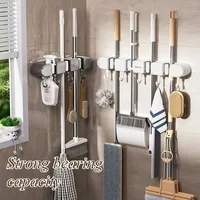 Mop Clamp Storage Rack Wall-mounted Perforation-free with 5pcs Hook Fixed Rack Bathroom Kitchen Door Cleaning Tool Storage Rack 2