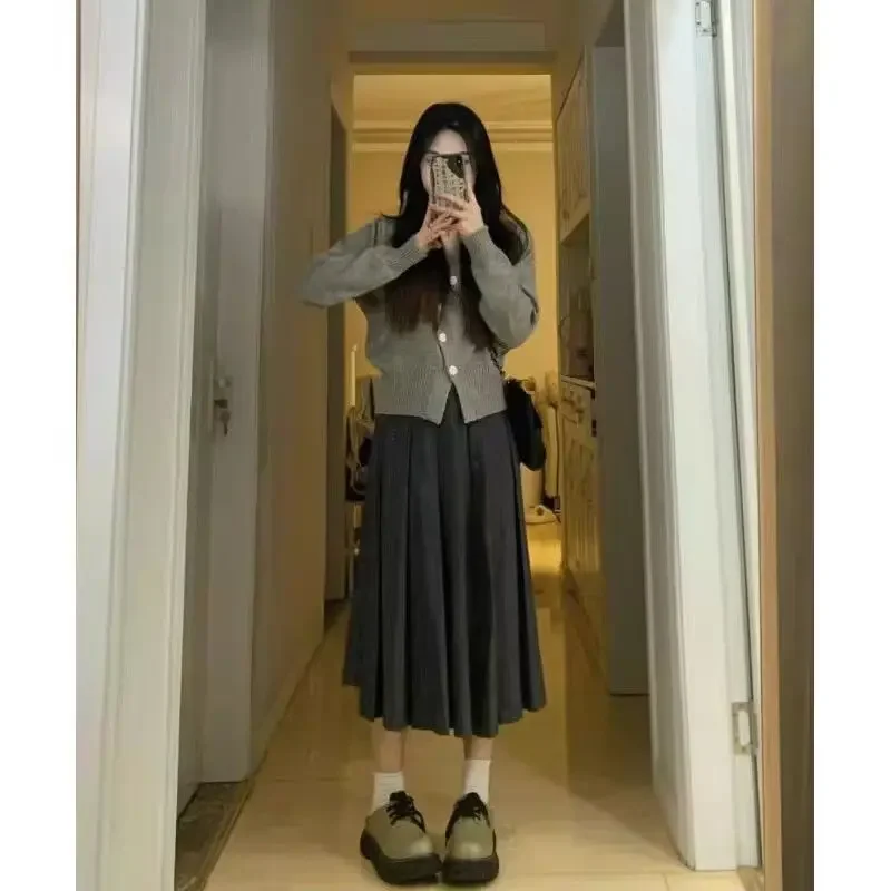 가을 컬렉션 임산부 의류 세트, 브이넥 니트 가디건, 트렌디한 엄마 겉옷, 홍콩 스타일 디자인, 감성 원피스