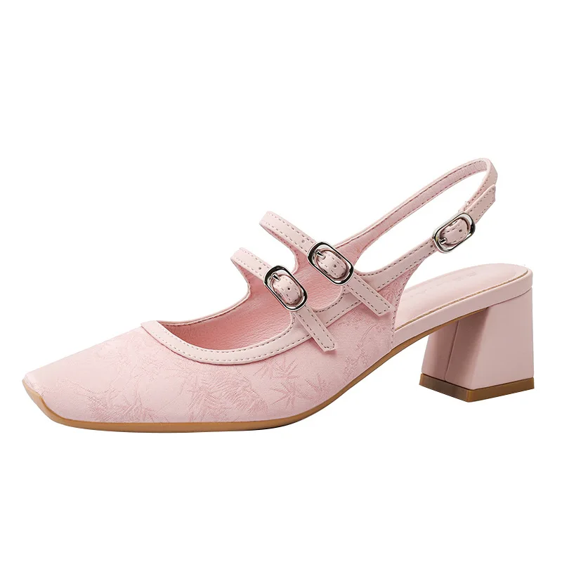 New Chinese style Mary Jane shoes, women's thick heels, square toe, Chinese style pig nose embroidered sandals, single shoes