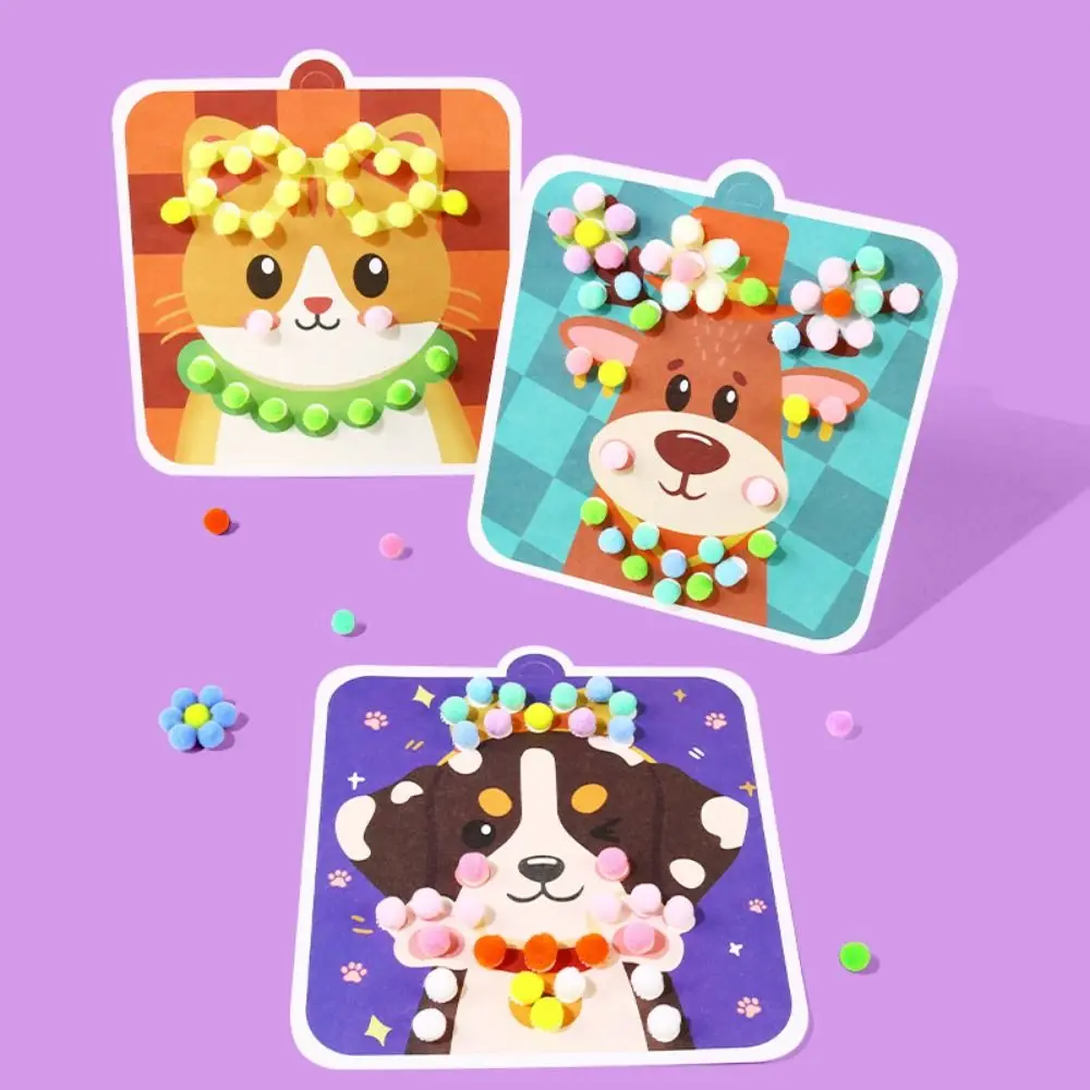 Handmade Material Children's Sticker Book Educational Hairball Animal Pompom Art Kit Early Learning Cartoon Pompom Crafts Toy
