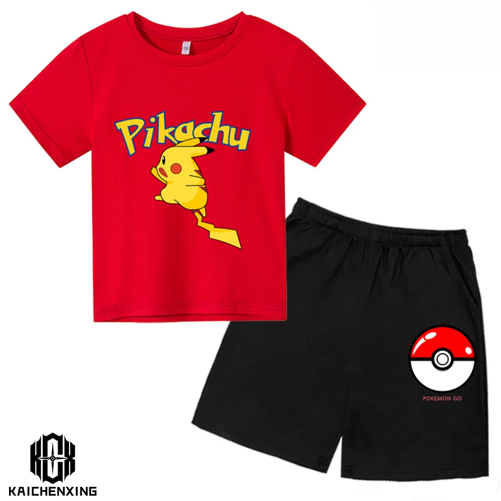 

Fashion Lovely Pokemon T Shirt Set Anime Pikachu Boy Girl T-Shirts Pikachu Boy O-neck Cotton Short Sleeve Tees Top