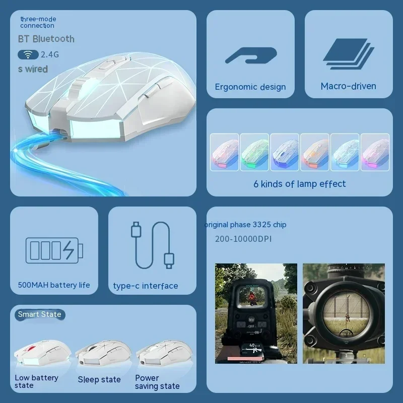 Ajazz Aj52 Mouse Wired Wireless 3mode Adjustable DPI side buttons RGB Backlit Lightweight Esports game mouse PC Accessories gift 2