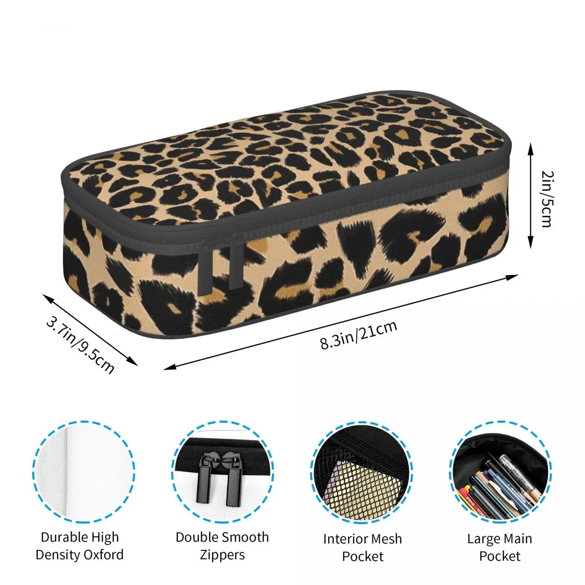 Estuche Para Lápices De Gran Capacidad Para Niñas Y Niños, Bolsa De Maquillaje De Piel Con Estampado De Leopardo Gris Con Compartimento Con Cremallera, Organizador Escolar Y Bolsa De Papelería