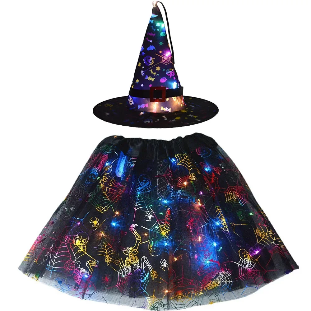 thumbnail image 1 of Luces LED luminosas para mujer, niña y niño, sombrero de elfo, bruja, falda con estrellas, telaraña, disfraz de mago, regalo para fiesta, festival de Halloween, 1 of 5