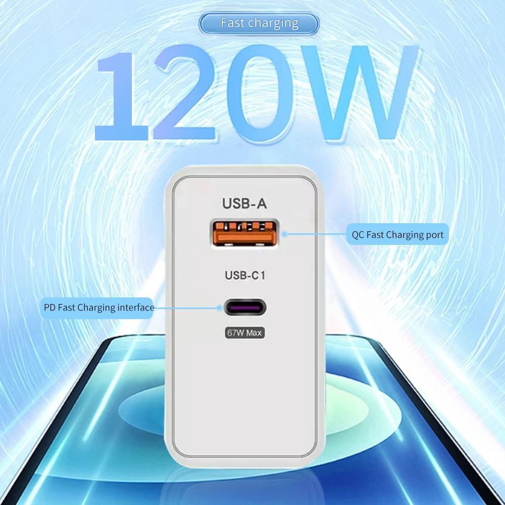 120W Fast Charger USB Type C PD Cable Fast Charging Quick Charge 3.0 Power Adapter For Universal USB Charging Wall USB C Charger