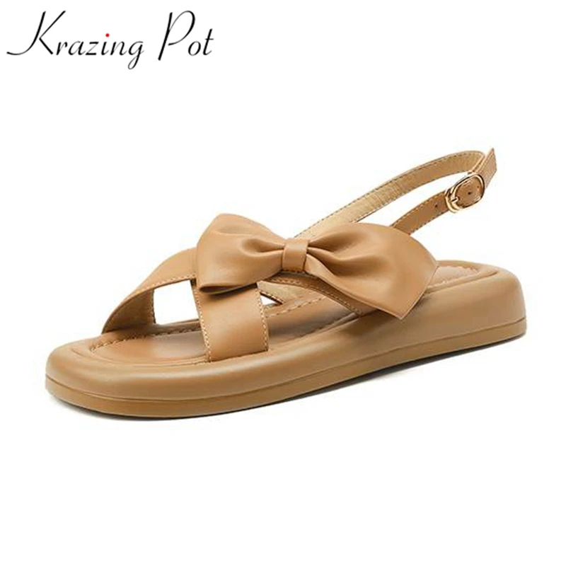 

Krazing Pot Cow Leather Thick Bottom Buckle Straps Casual Butterfly-knot Peep Toe Low Heels Fashion Flat Platform Sweet Sandals