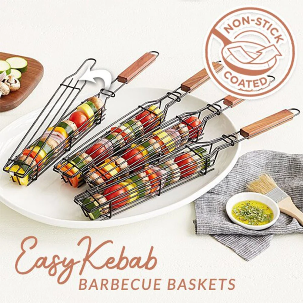 Stainless Steel Wooden Handle Portable Barbecue Skewers and Grilling Basket for Bbq Grilling Accessories