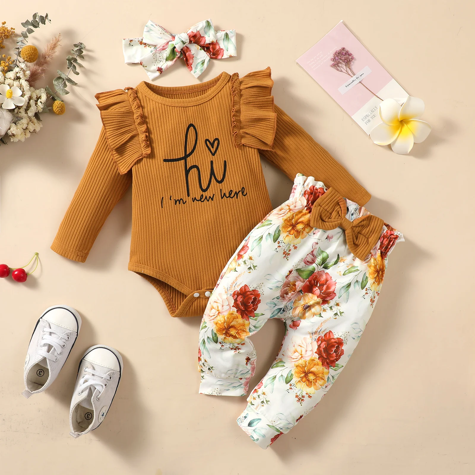 NewBabyGirlClothesSetRuffledLongSleevesRomperFloralPrintBow