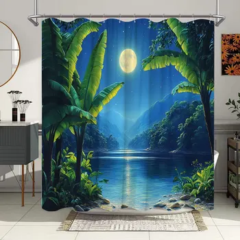 Tenda da doccia tropicale da 1 pezzo - Scena notturna serena con luna piena, lago tranquillo, banane e cielo stellato - Poliestere resistente 1