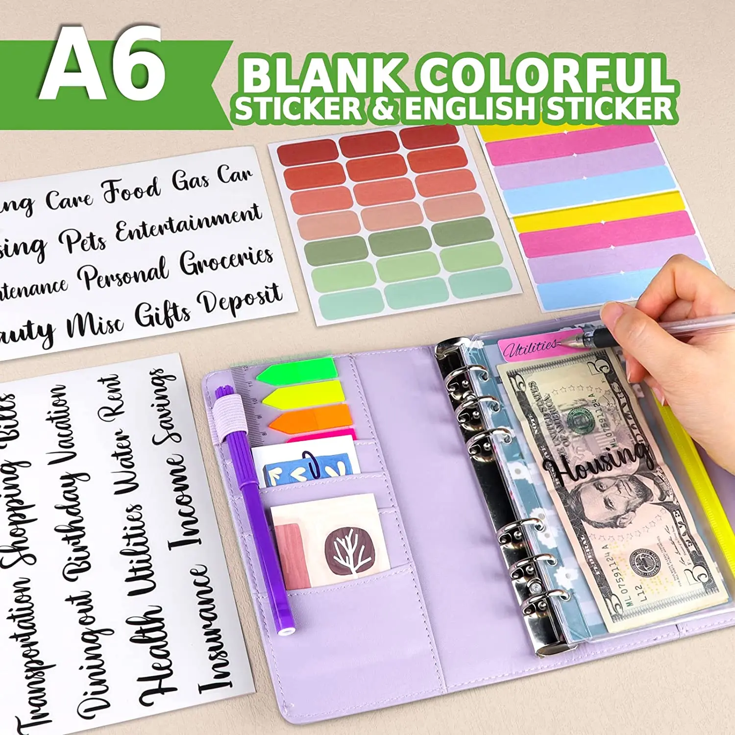 A6 Cash Envelopes Money Saving Set with Expense Sheets and Blank Label, Month Tabs, Flag Label Sticker for Travel Diary and Work