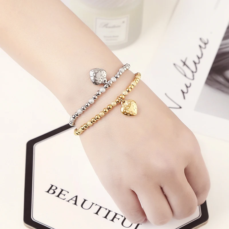 Metal Waterproof Durable Stainless Steel Jewelry Lovers Retro Heart-Shaped High Quality Frosted ball Shiny Bead Elastic Bracelet 6