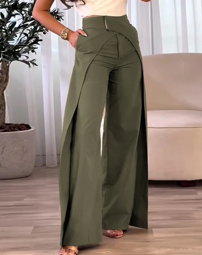 Women's Fashion Pants 2023 New High Waist Overlap Asymmetrical Wide Leg Pants Daily Pocket High Waist Long Trousers Y2K