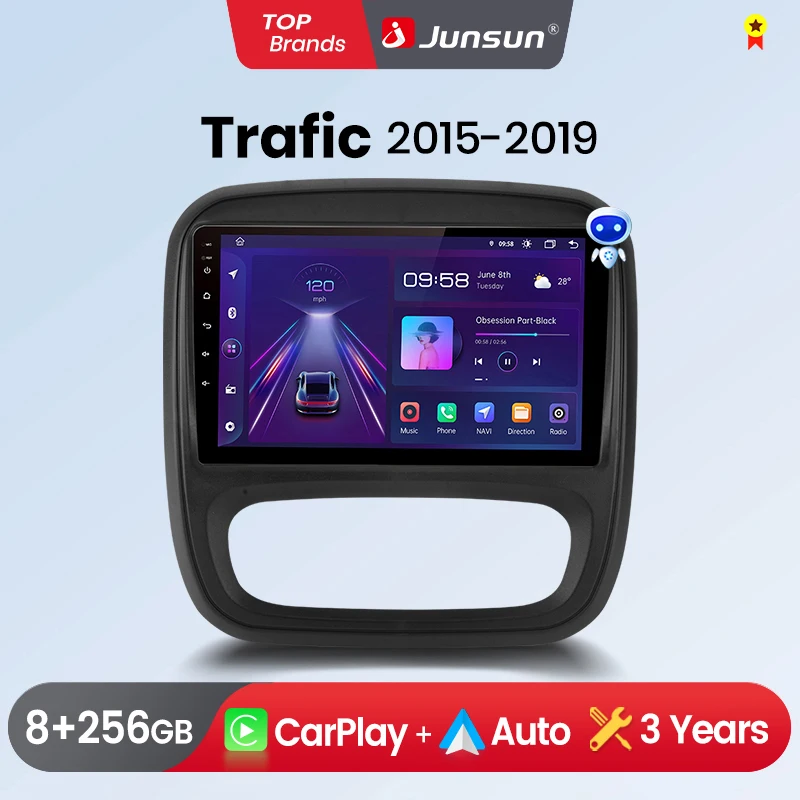 Radio de coche Junsun con CarPlay inalámbrico y Android Auto para Renault Trafic 3 2014-2021, para Opel Vivaro B 2014-2018, estéreo multimedia 2 DIN con ventilador de refrigeración integrado, navegación GPS, SWC, Bluetooth, FM, RDS, DSP, pantalla IPS, sistemas inteligentes para coche, 4G, WiFi, 8 núcleos, Plug&Play 1