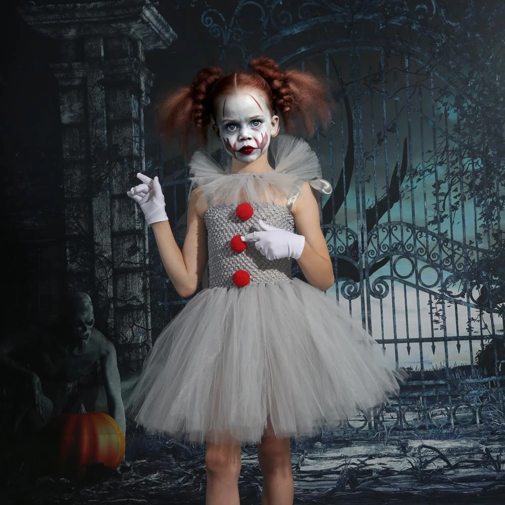 

Gray Clown Tutu Dress for Girls Carnival Halloween Costume for Kids Girl Joker Cosplay Tulle Outfit Children Party Scary Clothes