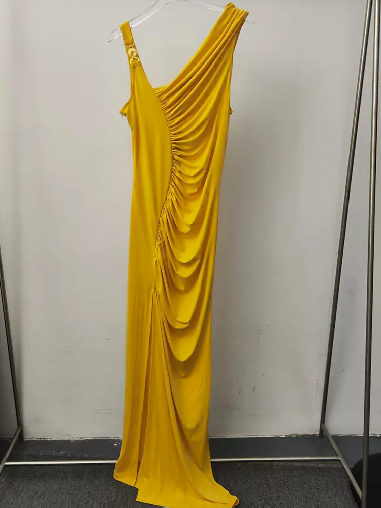 فستان حرير طويل مطوي بكتف واحد