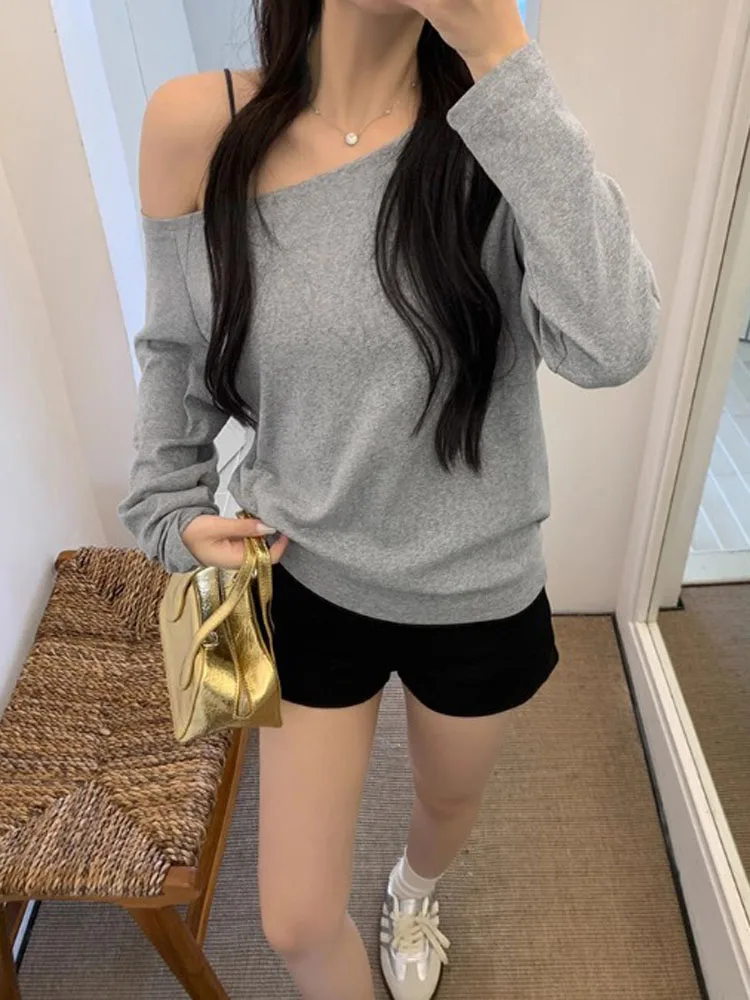 Women Long Sleeve Solid Color Loose Korean Tshirt Tops