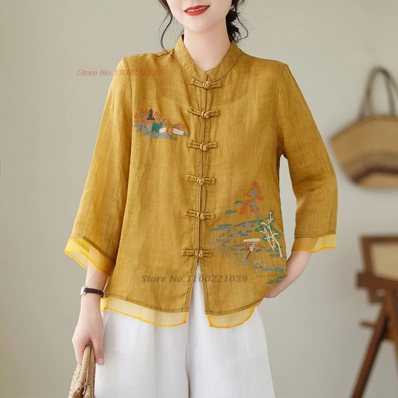 

Женская винтажная блузка с вышивкой, хлопковая льняная блузка с цветочной вышивкой, Традиционная блузка с воротником-стойкой, в восточном стиле ханьфу, 2024