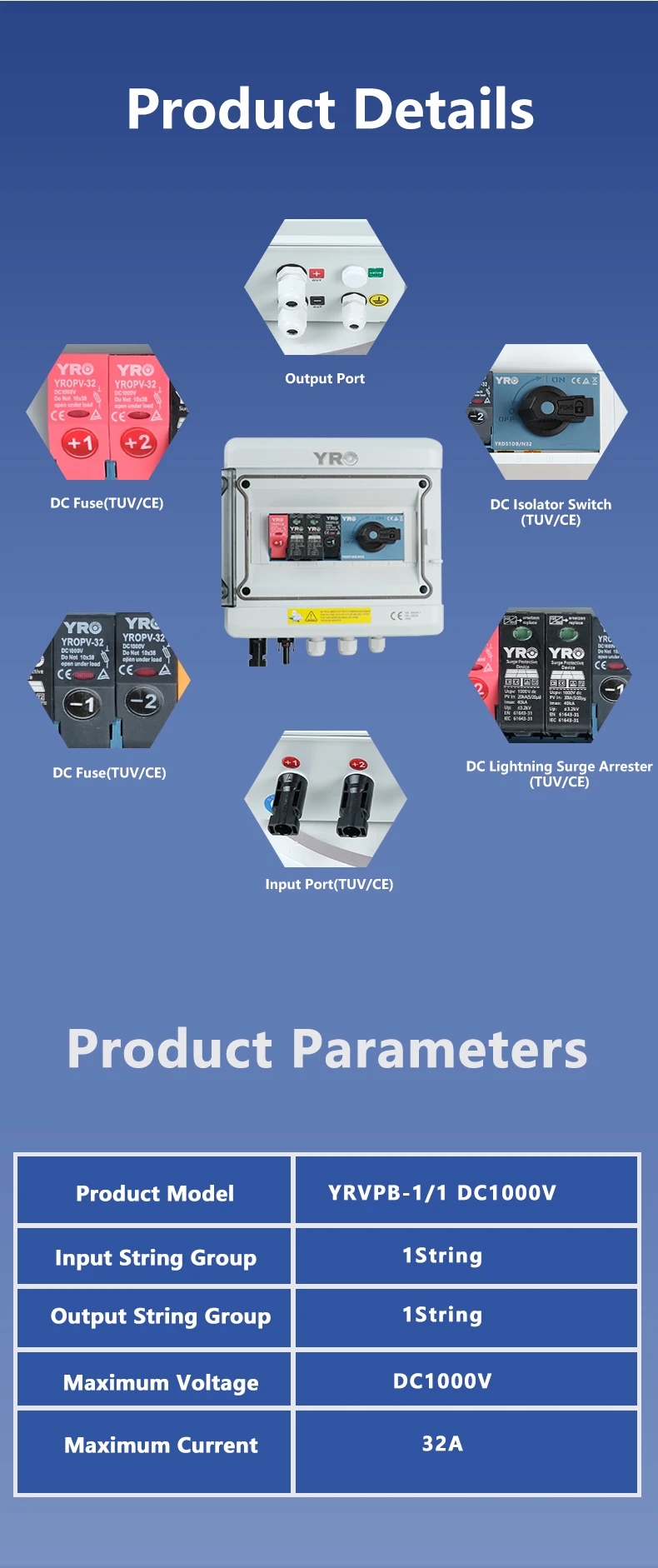 PV Combiner Box 1 input 1 output DC1000V Solar Photovoltaic With Lightning Prote